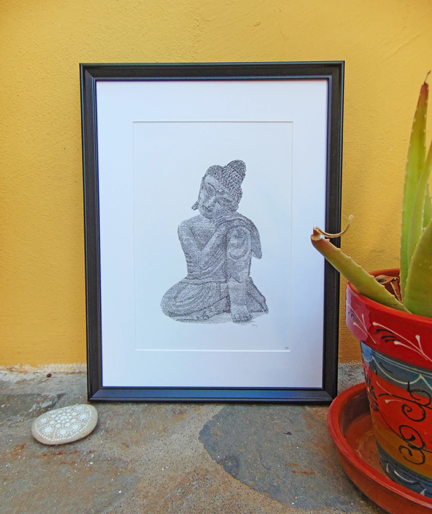 Framed calligram of a Buddha figure