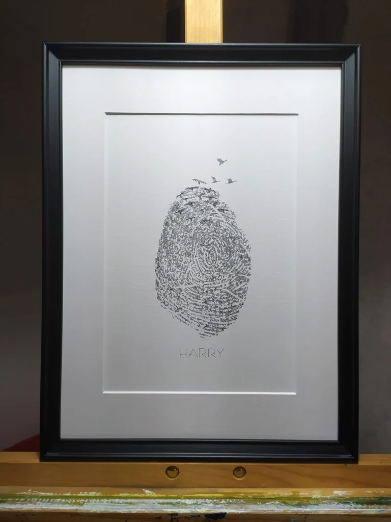 Framed calligram of a fingerprint as a memorial