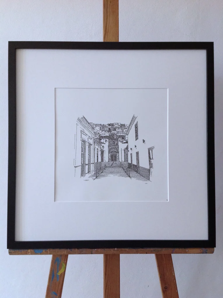 Framed calligram of the Iglesia de la Asunción in San Sebastián