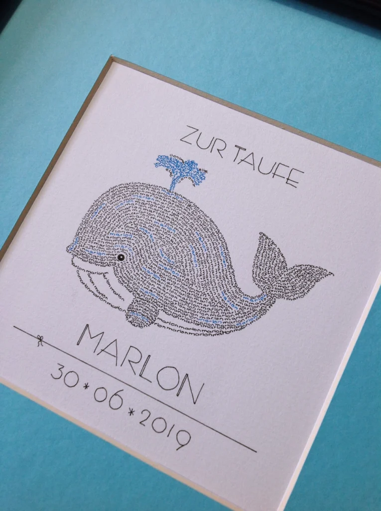 Whale calligram as a baptism gift