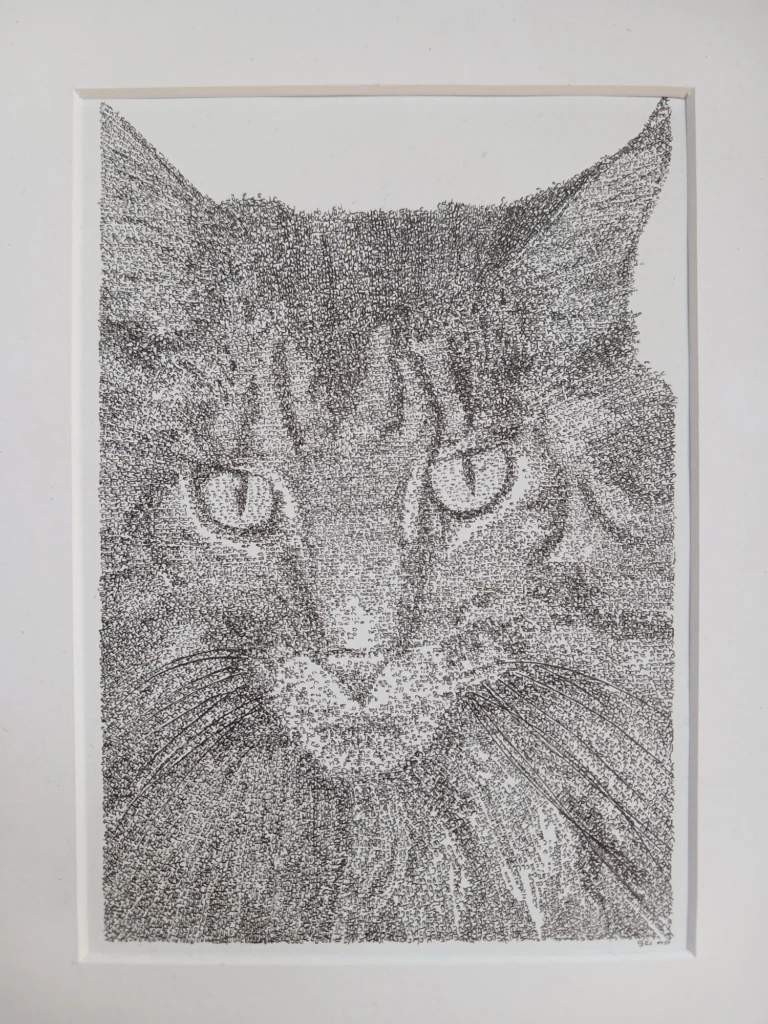 Calligram of a tabby cat with an intense gaze and long whiskers, written with tiny handwritten words