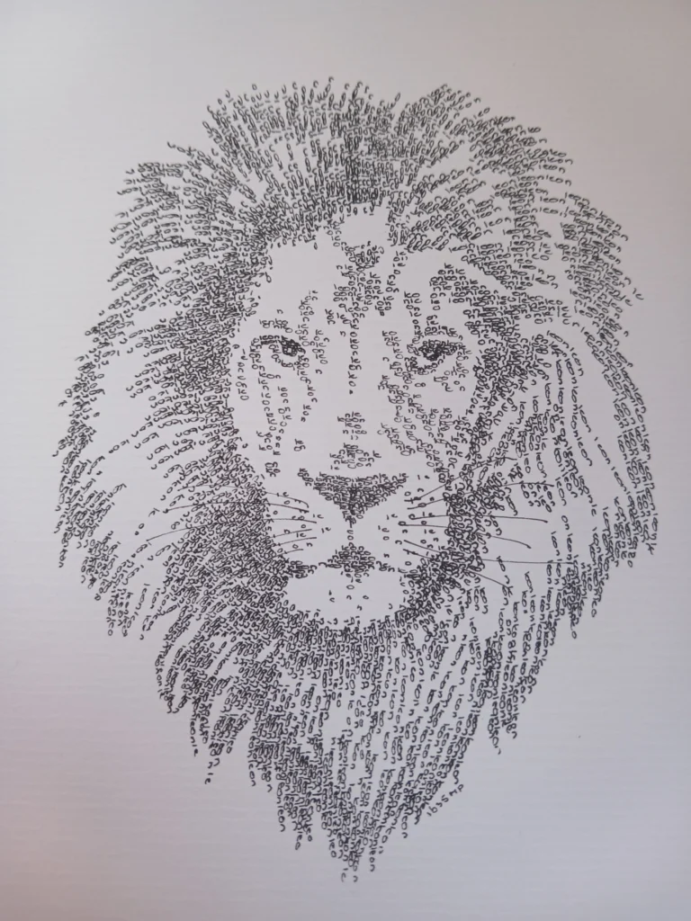 Calligram of a lion's head written with thousands of tiny words