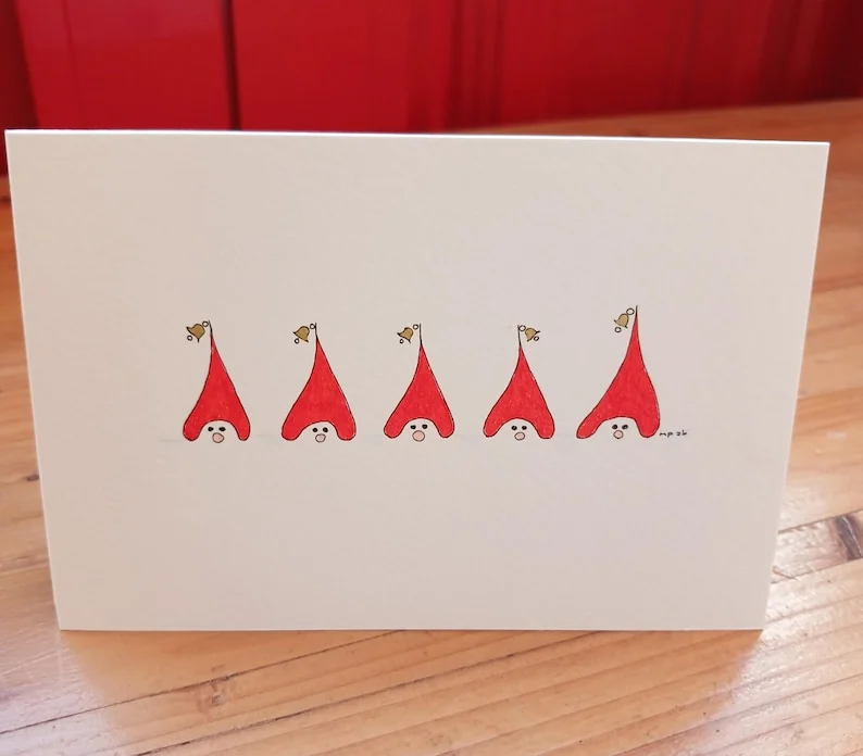 Hand-drawn Christmas card with five little Santas peeking out from under their red hats